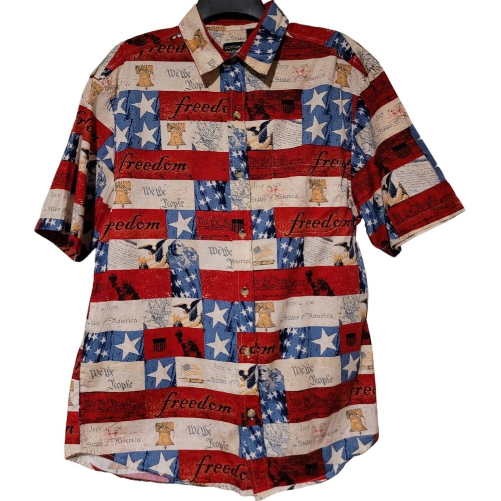 VTG Cotton Traders Sport Mens Medium Short Slv Button American Flag Freedom USA